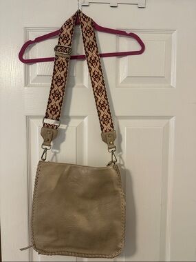 Antik Kraft Beige Leather Shoulder Bag with Patterned Woven Strap